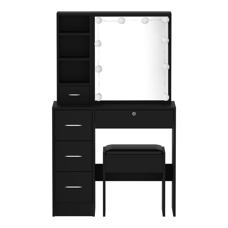 Oikiture Dressing Table Stool Set Makeup Slide Mirror Drawer 10 LED Bulbs Black