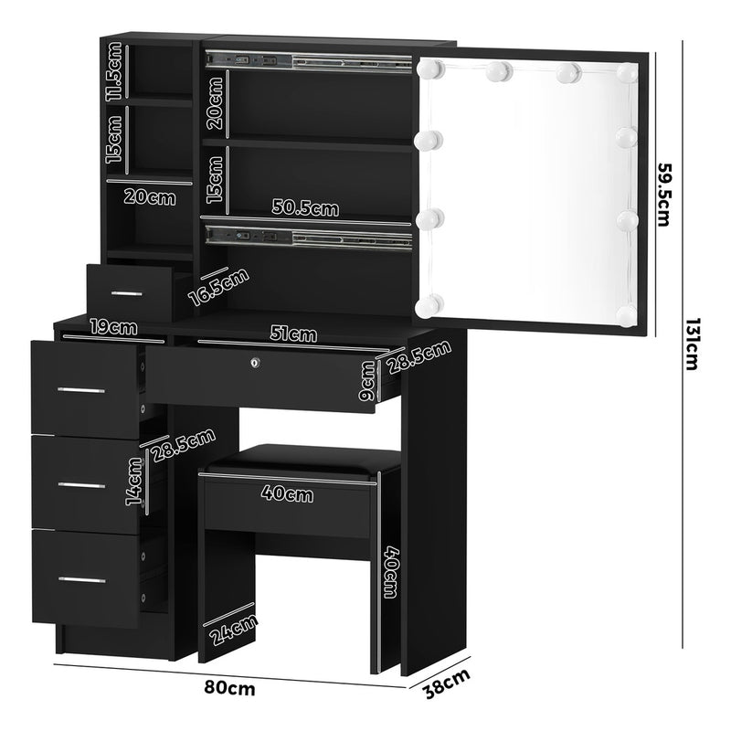 Oikiture Dressing Table Stool Set Makeup Slide Mirror Drawer 10 LED Bulbs Black