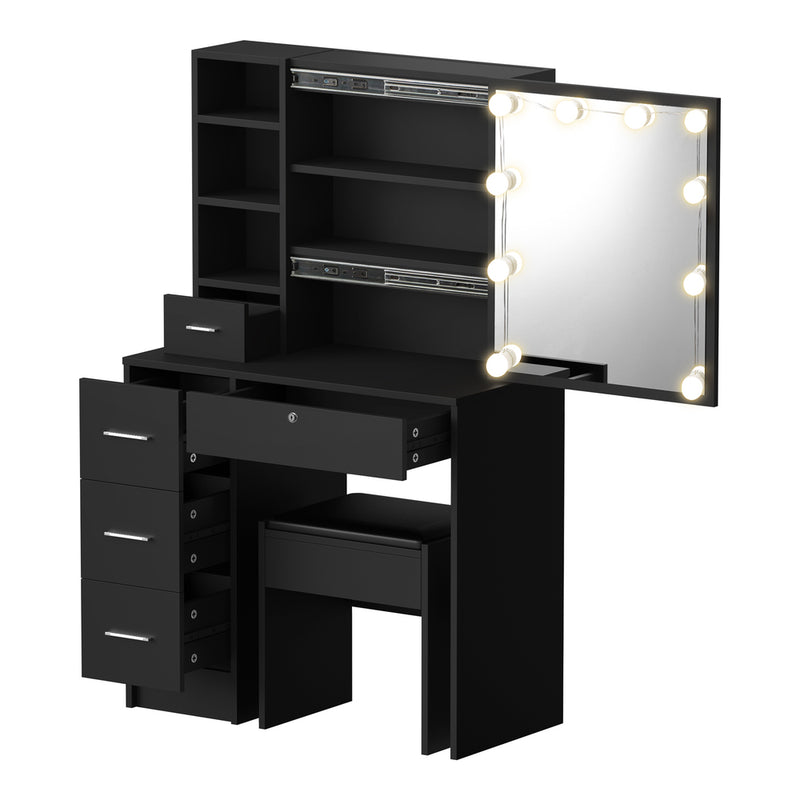 Oikiture Dressing Table Stool Set Makeup Slide Mirror Drawer 10 LED Bulbs Black