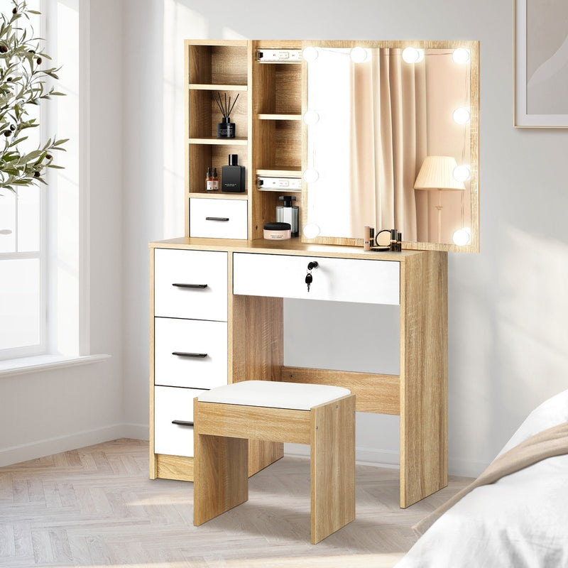 Oikiture Dressing Table Stool Set Slide Mirror LED Bulbs Wooden White