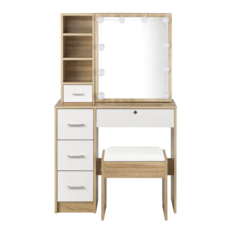 Oikiture Dressing Table Stool Set Slide Mirror LED Bulbs Wooden White