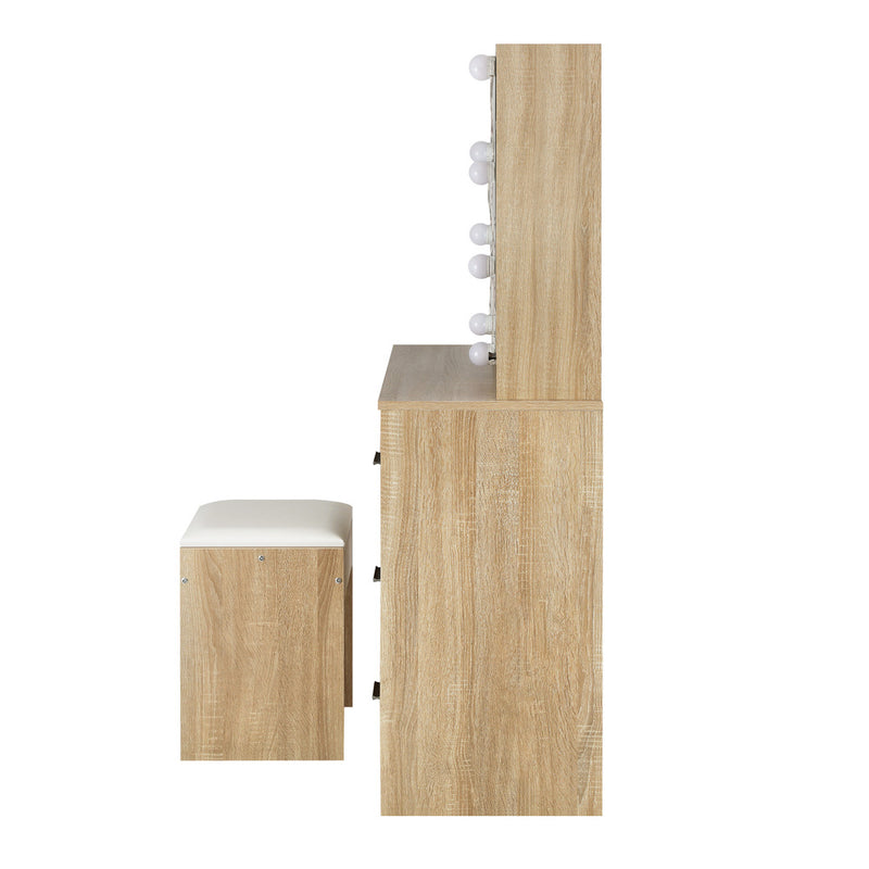 Oikiture Dressing Table Stool Set Slide Mirror LED Bulbs Wooden White
