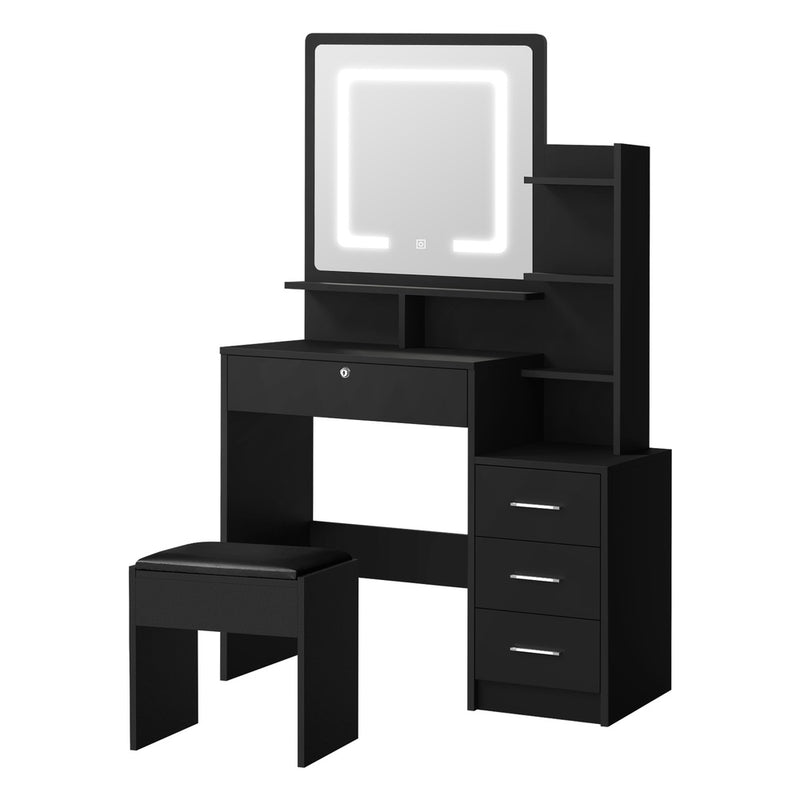 Oikiture Dressing Table Stool Set Makeup Mirror LED Light Storage Cabinet Black