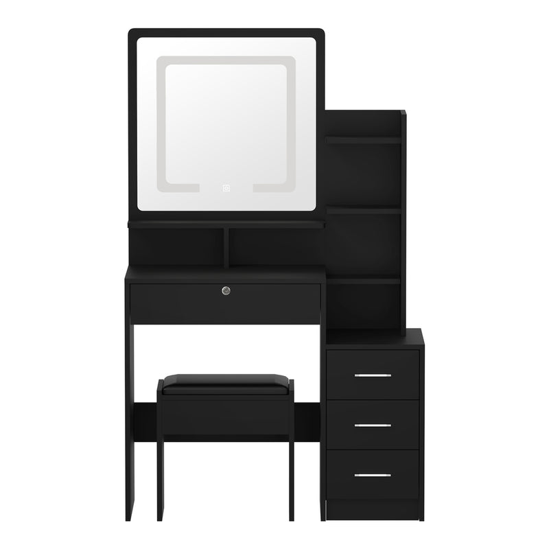 Oikiture Dressing Table Stool Set Makeup Mirror LED Light Storage Cabinet Black