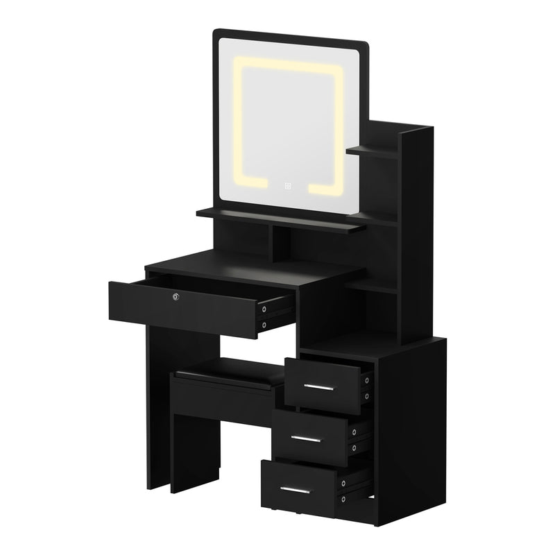 Oikiture Dressing Table Stool Set Makeup Mirror LED Light Storage Cabinet Black