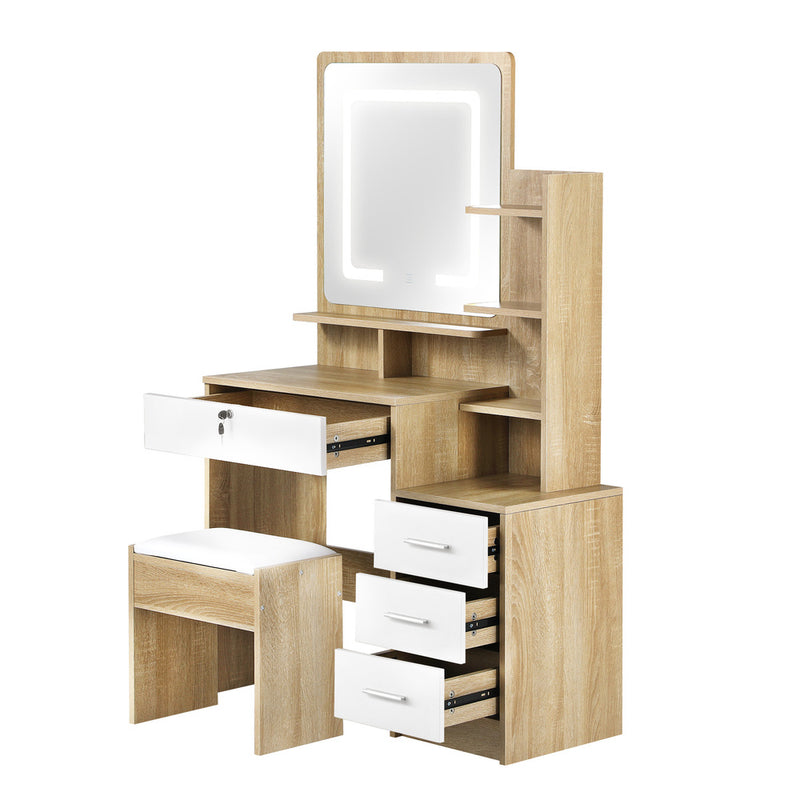 Oikiture Dressing Table Stool Set LED Light Mirror Wooden White
