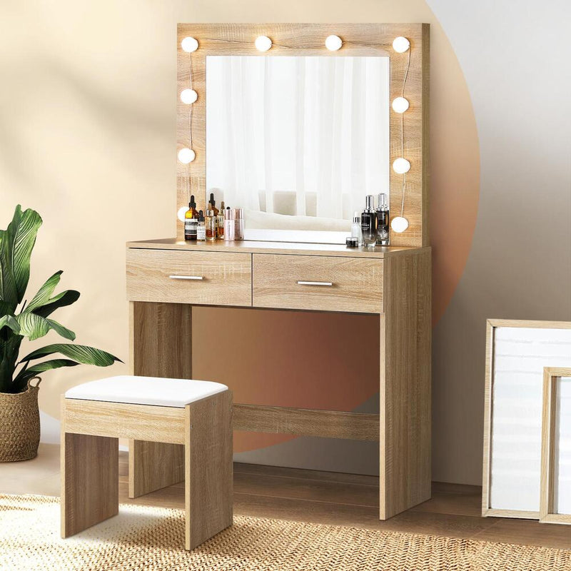 Oikiture Dressing Table Stool Set Makeup Mirror 10 LED Bulbs Wooden