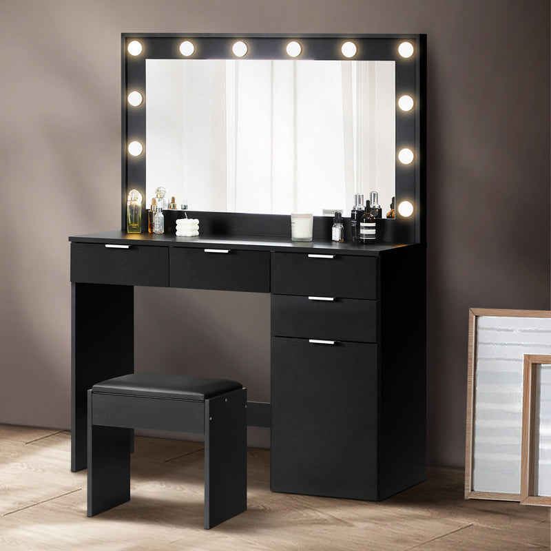 Oikiture Dressing Table Stool Set Large Mirror 12 Bulbs Black