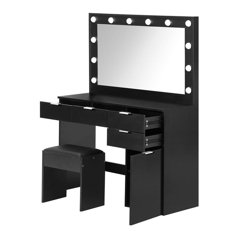 Oikiture Dressing Table Stool Set Large Mirror 12 Bulbs Black