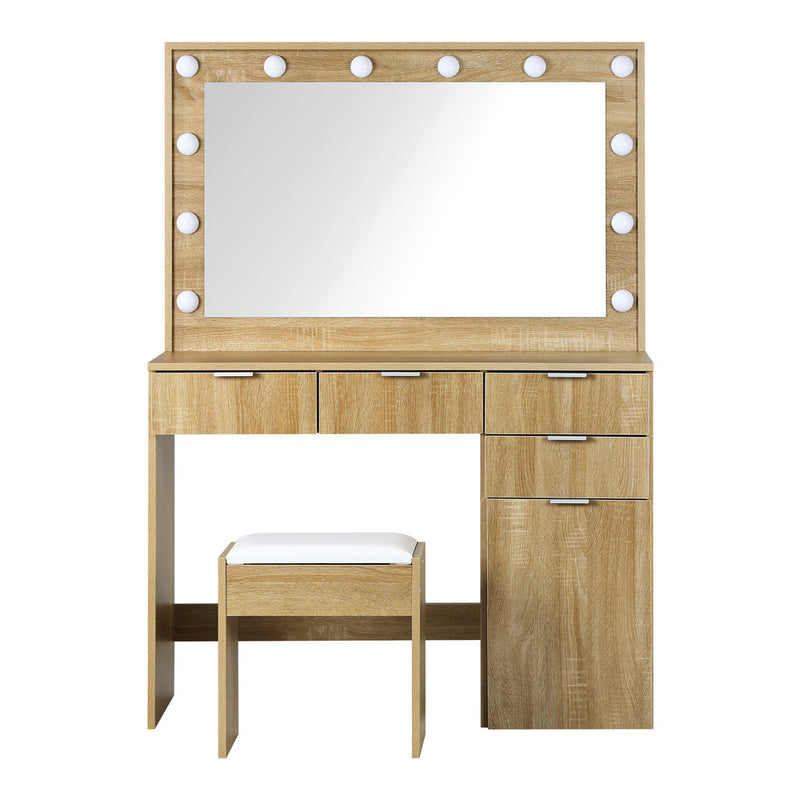 Oikiture Dressing Table Stool Set Large Mirror 12 Bulbs Oak