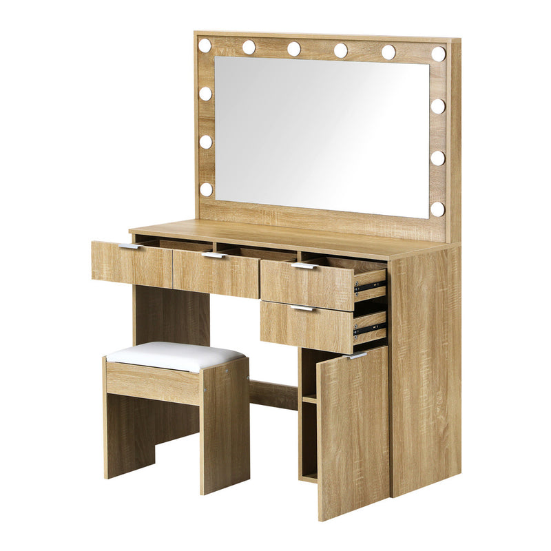 Oikiture Dressing Table Stool Set Large Mirror 12 Bulbs Oak