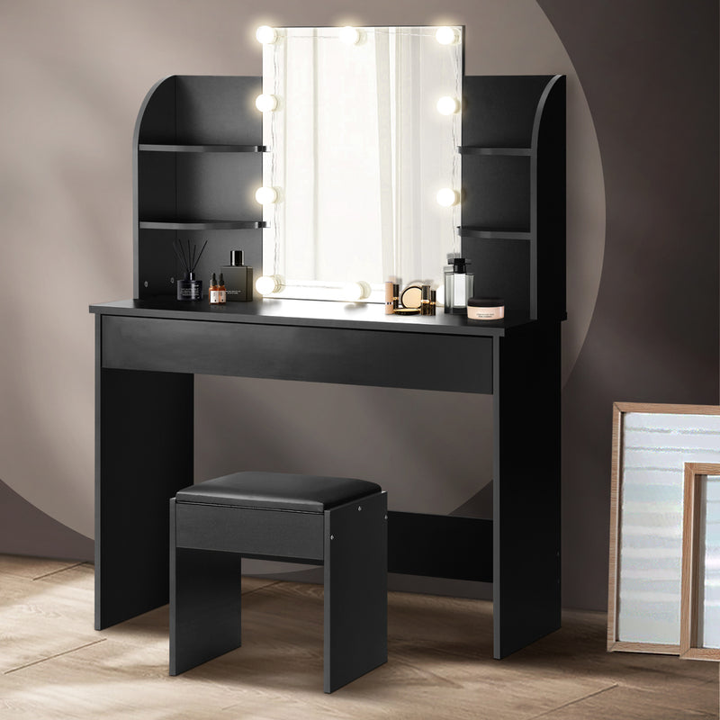 Oikiture Dressing Table Stool Set with 10 Bulbs Mirror Black