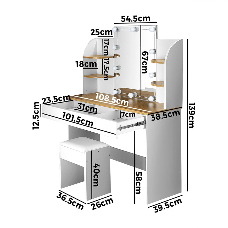 Oikiture Dressing Table Stool Set Makeup Mirror 10 LED Bulbs