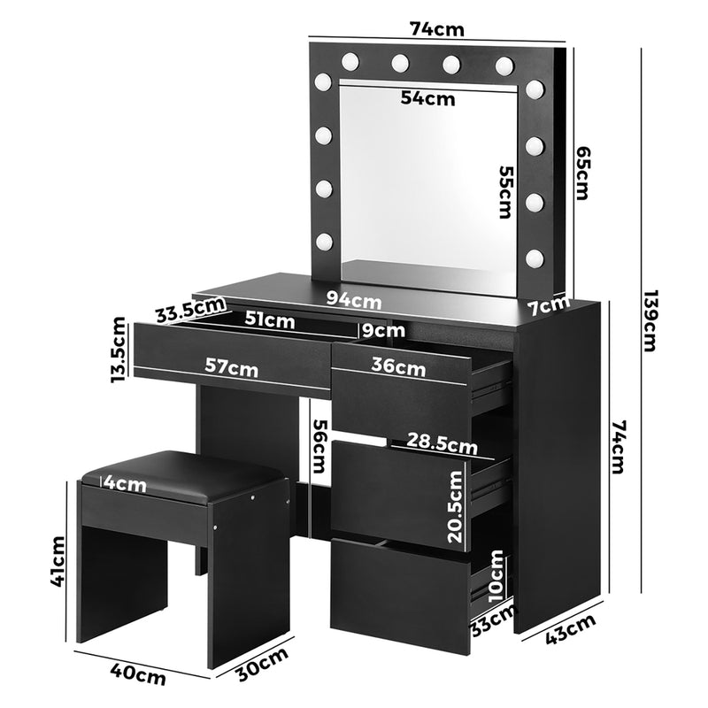 Oikiture Dressing Table Stool Set with 12 Bulbs Mirror Black