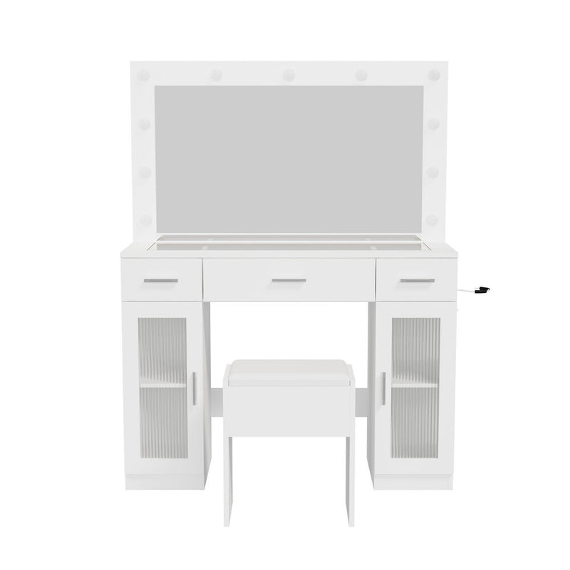Oikiture Dressing Table Set 11 LED Bulbs Glass Top & Drawers White