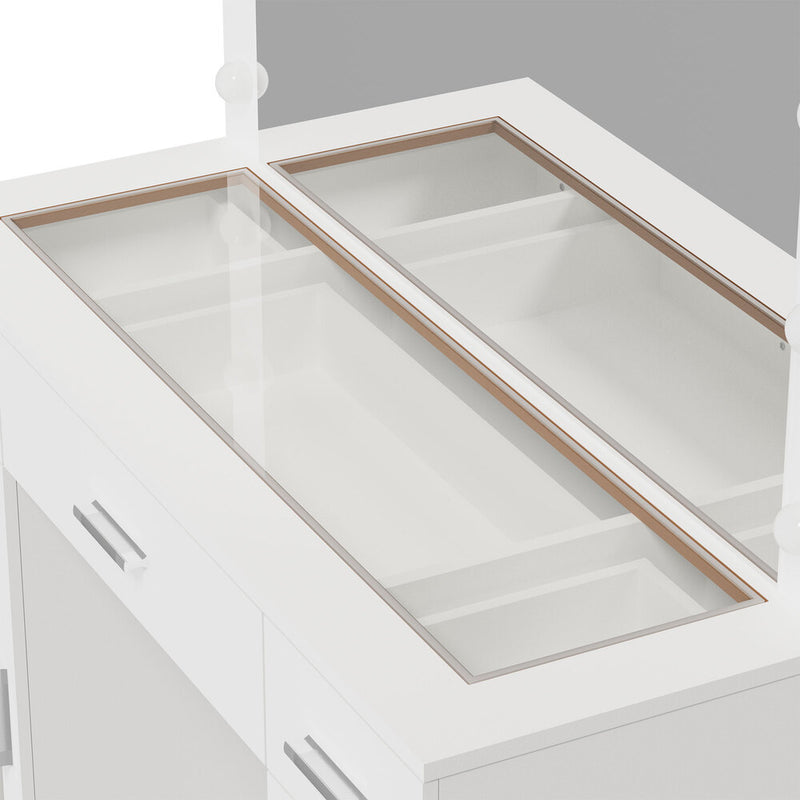 Oikiture Dressing Table Set 11 LED Bulbs Glass Top & Drawers White