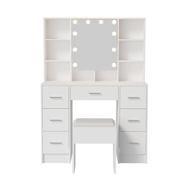 Oikiture Dressing Table Set 10 LED Bulbs Shelves 7 Drawers White
