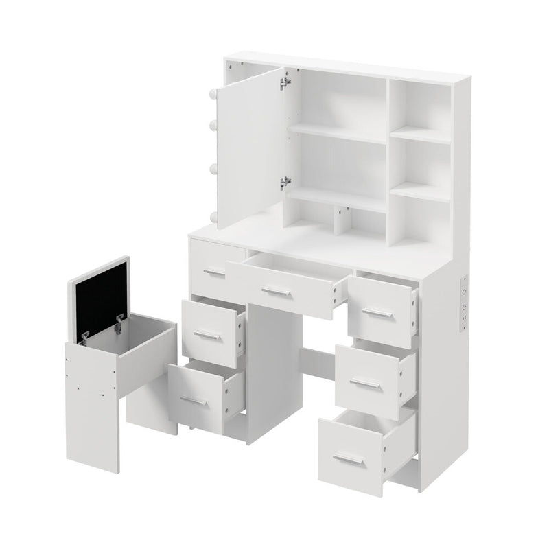 Oikiture Dressing Table Set 10 LED Bulbs Shelves 7 Drawers White