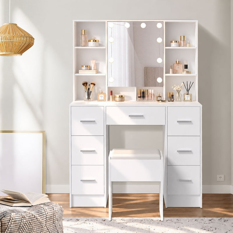 Oikiture Dressing Table Set 10 LED Bulbs Shelves 7 Drawers White