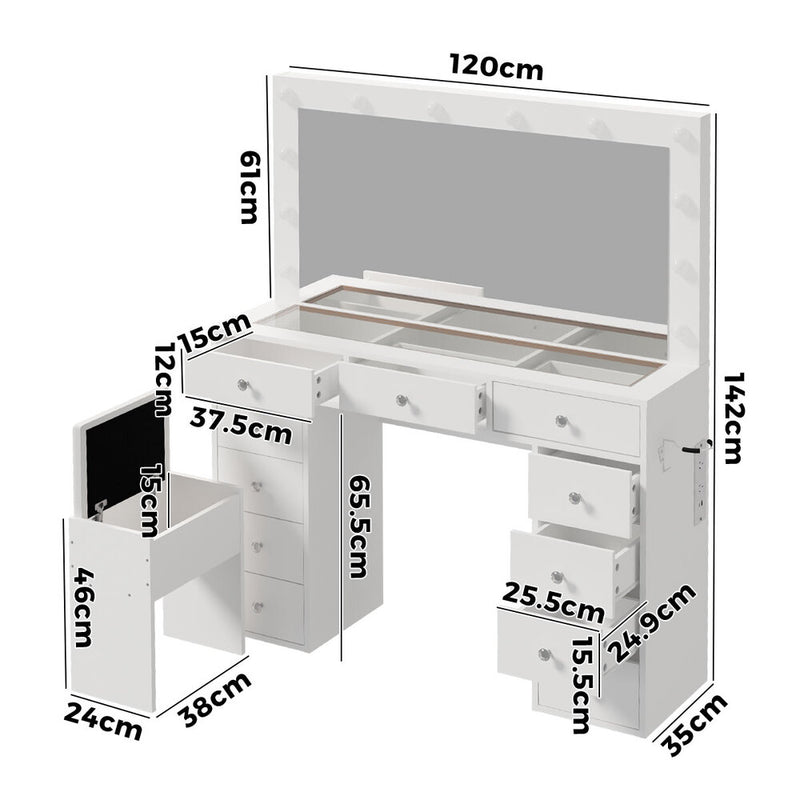 Oikiture Dressing Table Set LED Lights Glass Tabletop 11 Drawers White
