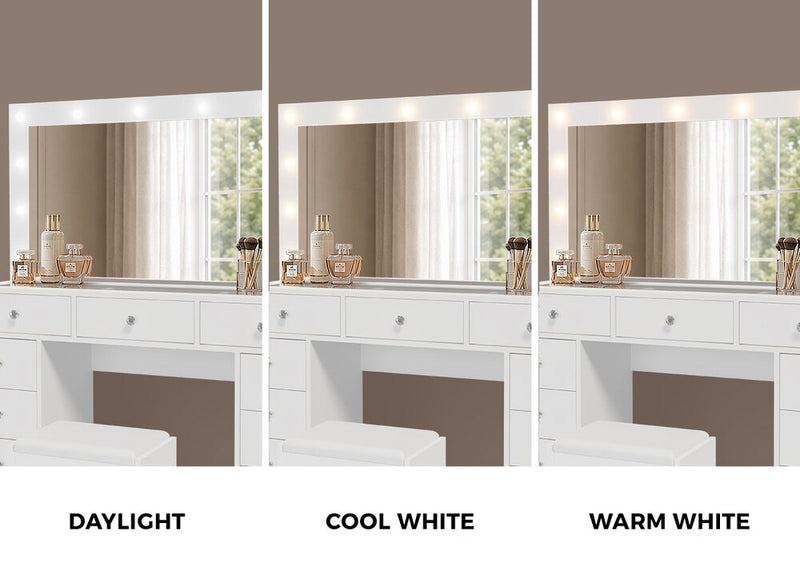 Oikiture Dressing Table Set LED Lights Glass Tabletop 11 Drawers White