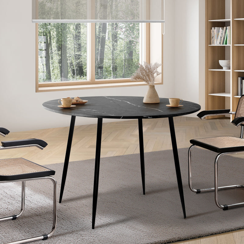 Oikiture 110cm Dining Table With Marble Effect Round Wooden Grey&Black