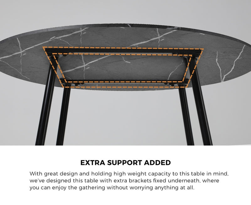 Oikiture 110cm Dining Table With Marble Effect Round Wooden Grey&Black