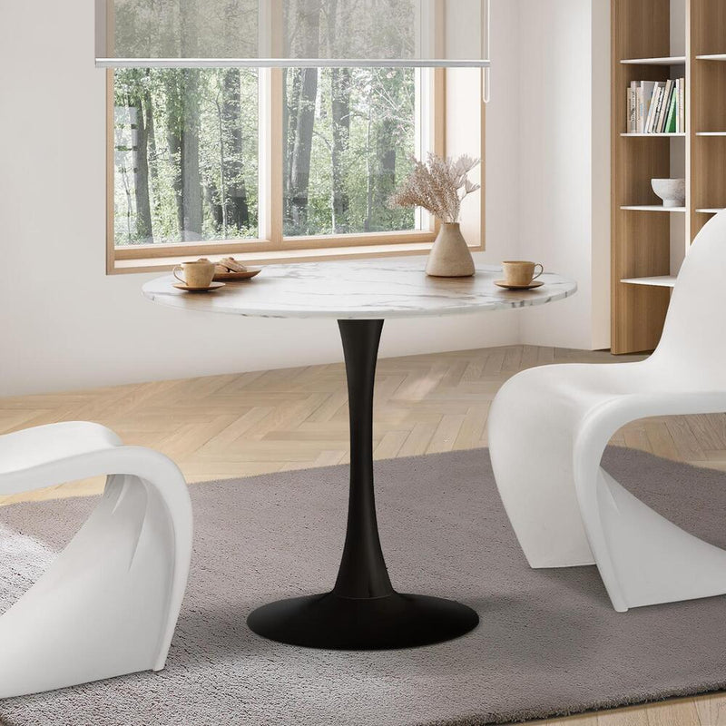Oikiture 90cm Dining Table Marble Tulip Shape White&Black