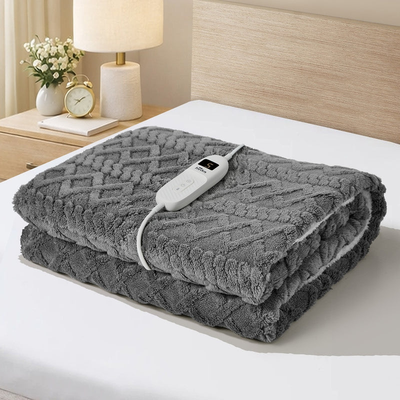 Bedra Electric Throw Heated Blanket Flannel&Sherpa Square Pattern Grey