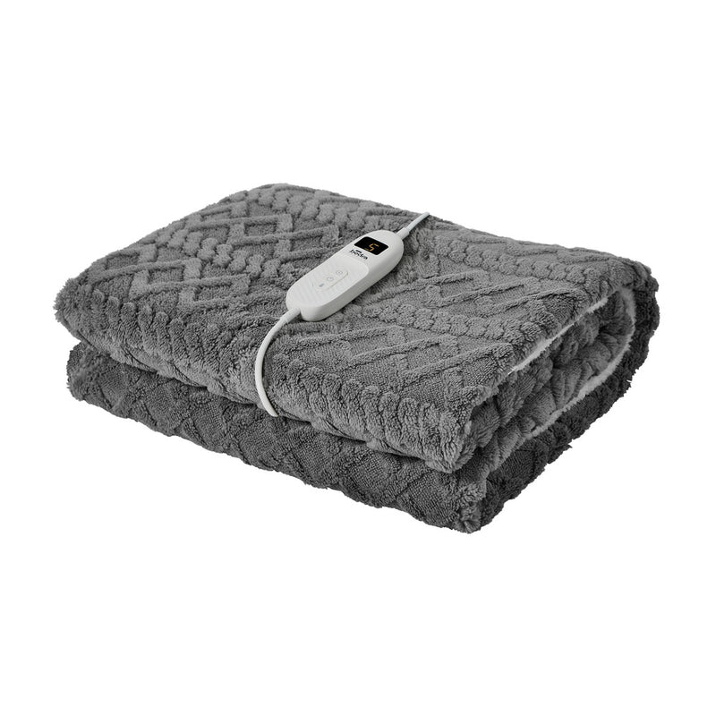 Bedra Electric Throw Heated Blanket Flannel&Sherpa Square Pattern Grey