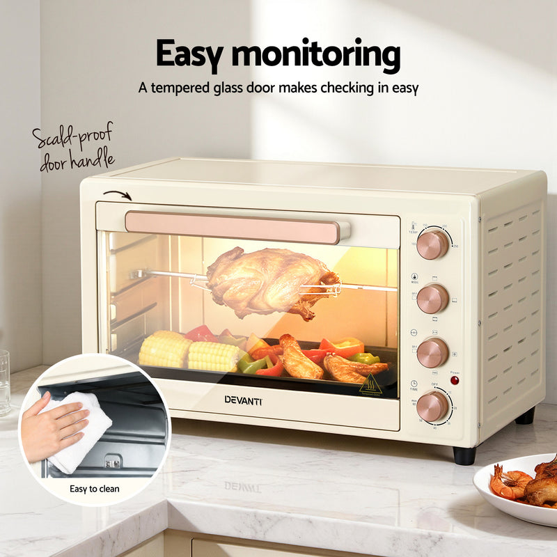 Devanti 60L Convection Oven Electric Fryer Ovens 2000W Cream