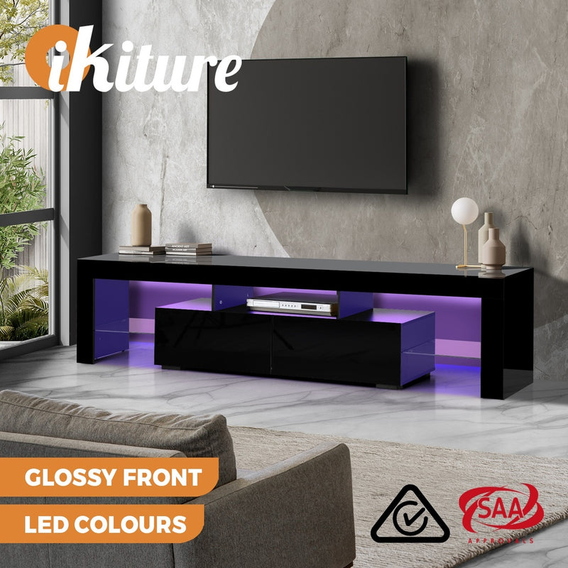 Oikiture Entertainment Unit TV Stand Cabinet LED RGB Gloss Black 180CM