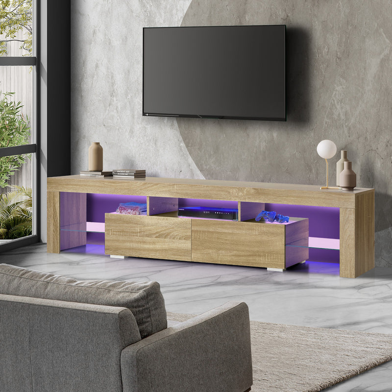 Oikiture Entertainment Unit TV Cabinet Drawers LED RGB Natural 180cm