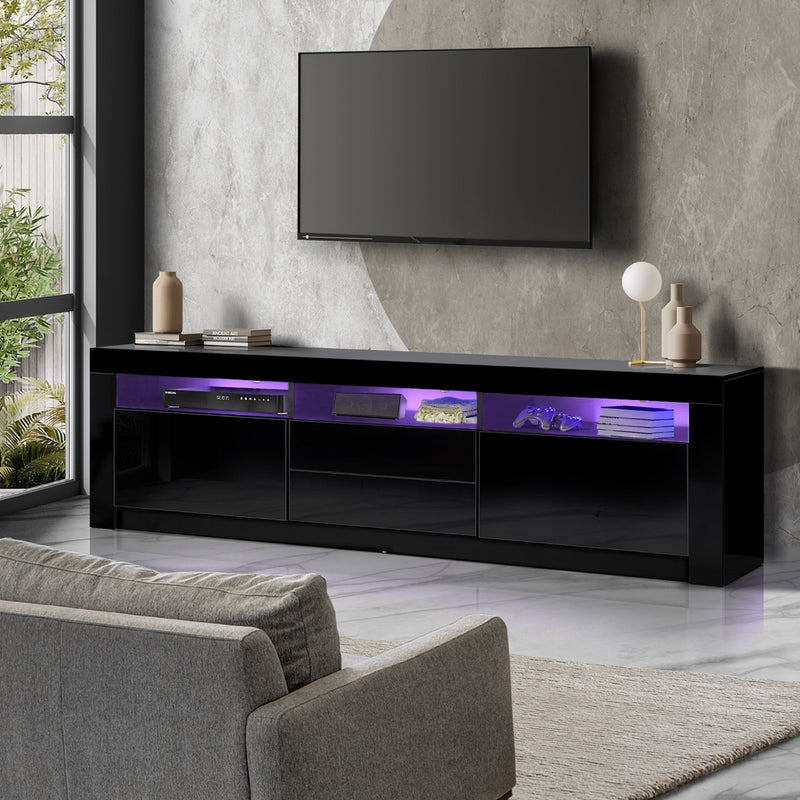 Oikiture TV Entertainment Unit Cabinet Stand Gloss LED RGB Black 180CM