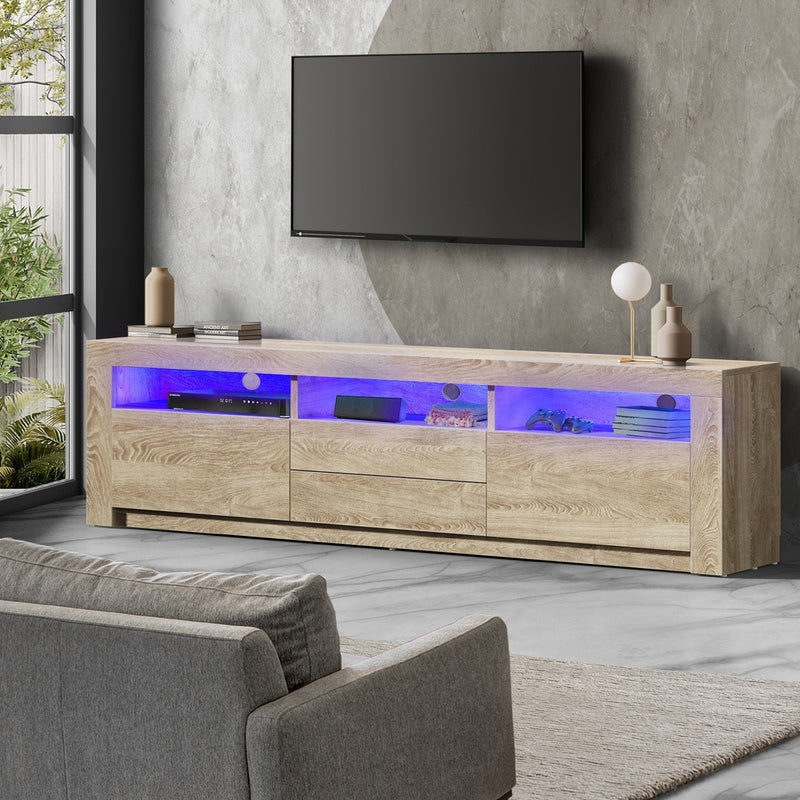 Oikiture TV Entertainment Unit Stand RGB LED Storage Drawer Oak 180cm
