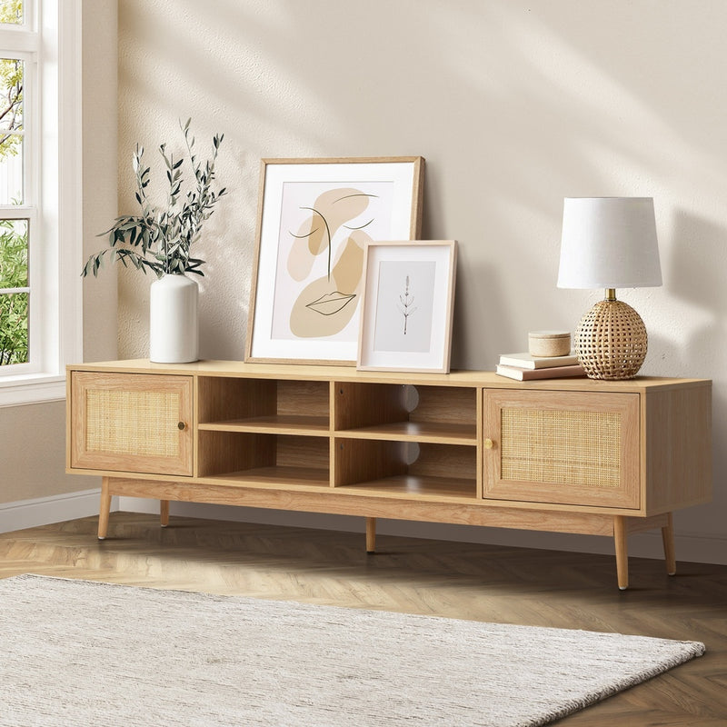 Oikiture TV Stand Cabinet Entertainment Unit 180cm Rattan Doors Oak