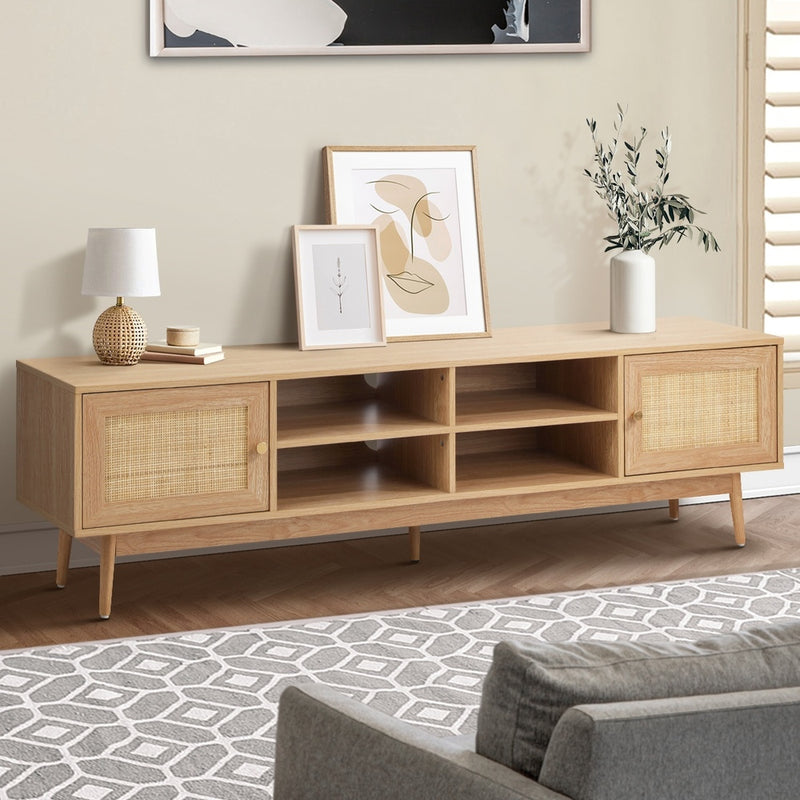 Oikiture TV Stand Cabinet Entertainment Unit 180cm Rattan Doors Oak