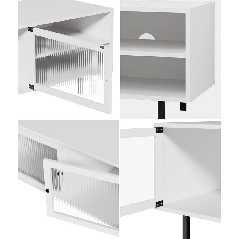 Oikiture TV Stand Cabinet Entertainment Unit Tempered-glass Doors White