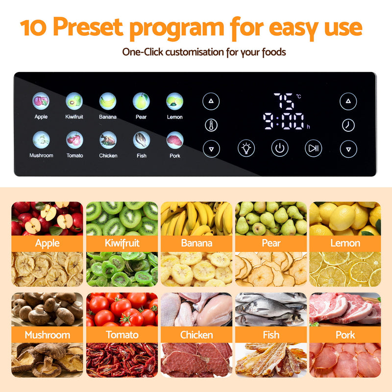 Devanti 10 Trays Food Dehydrator Stainless Steel Visible Glass Door 850W