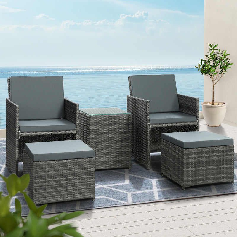 Gardeon 5PC Bistro Set Wicker Table and Chairs Ottoman Outdoor Furniture Grey