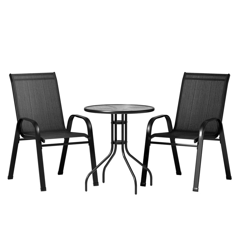 Gardeon 3PC Outdoor Bistro Set Table and Chairs Stackable Patio Furniture Black