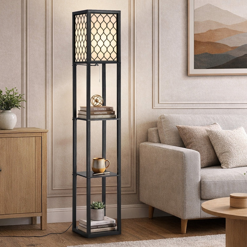 Oikiture Column Floor Lamp Metal Lamp Fabric Shade 3-tier Shelves