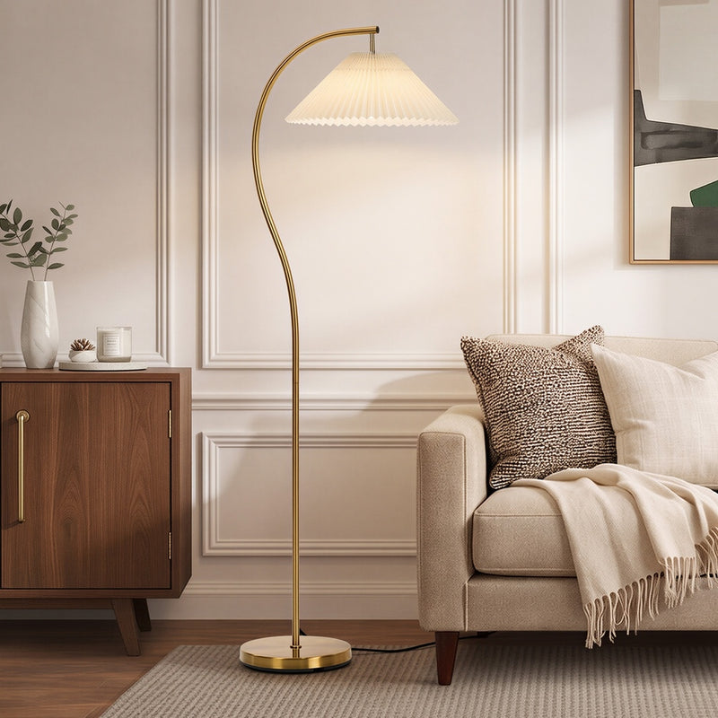 Oikiture Standing Floor Lamp Pleated Shade Metal Golden