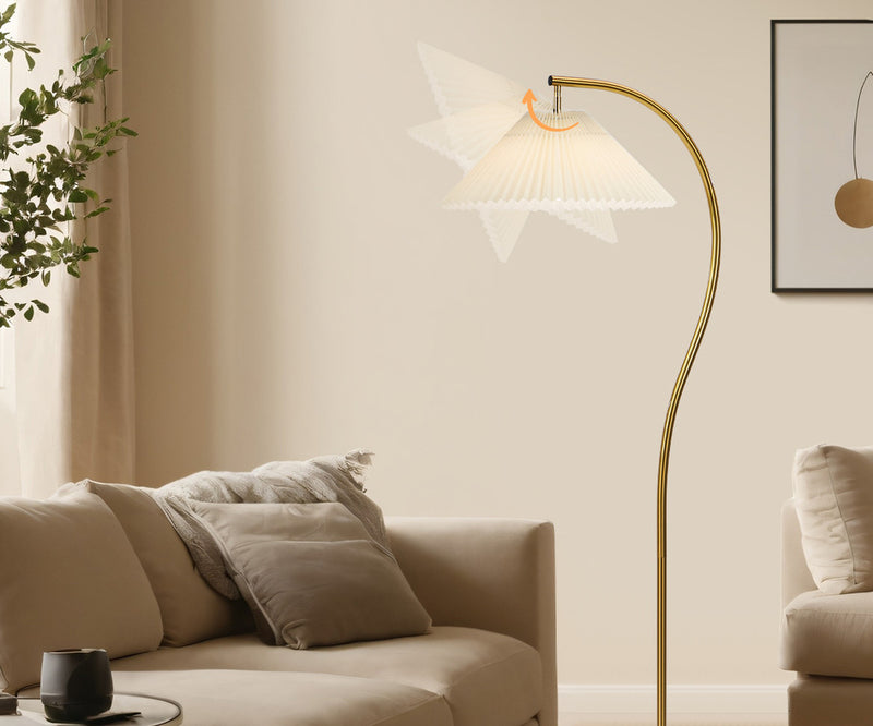 Oikiture Standing Floor Lamp Pleated Shade Metal Golden