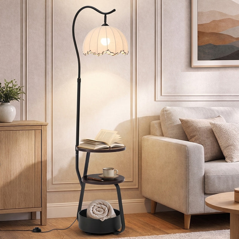 Oikiture Metal Floor Lamp Reading Lamp Fabric Shade w/Side Table
