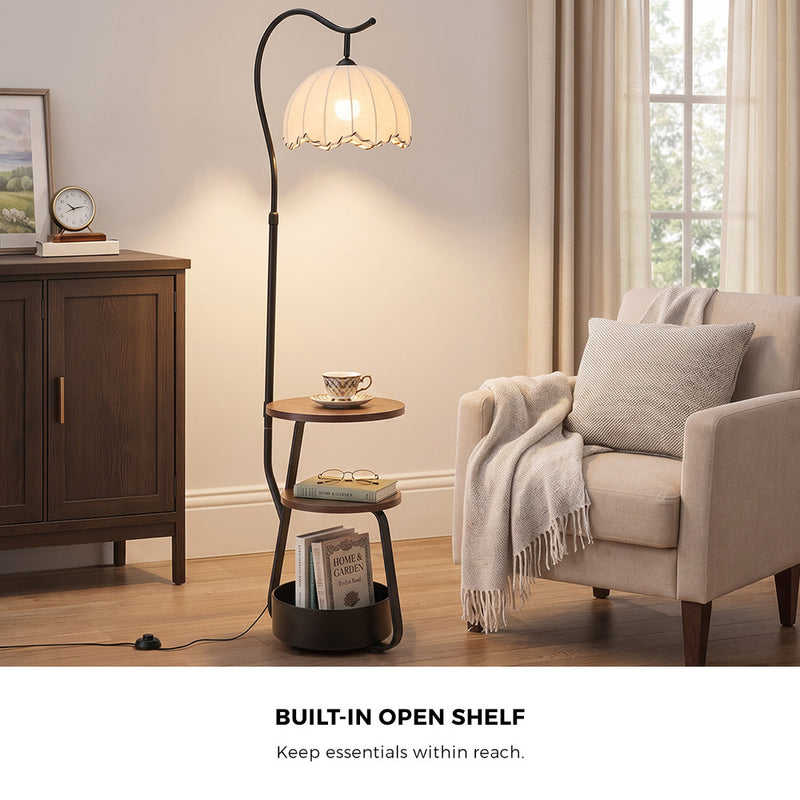Oikiture Metal Floor Lamp Reading Lamp Fabric Shade w/Side Table
