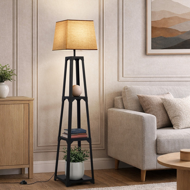Oikiture Floor Lamps Fabric Shade Reading Light with Display Shelf