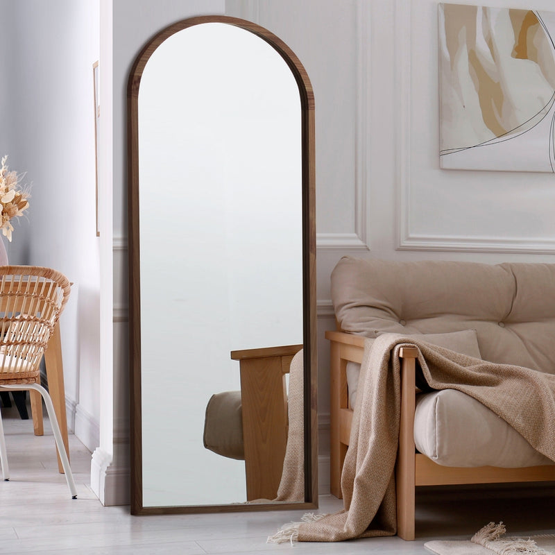 Oikiture Wooden Full Length Mirror 166x60cm Arched Floor Mirrors Brown