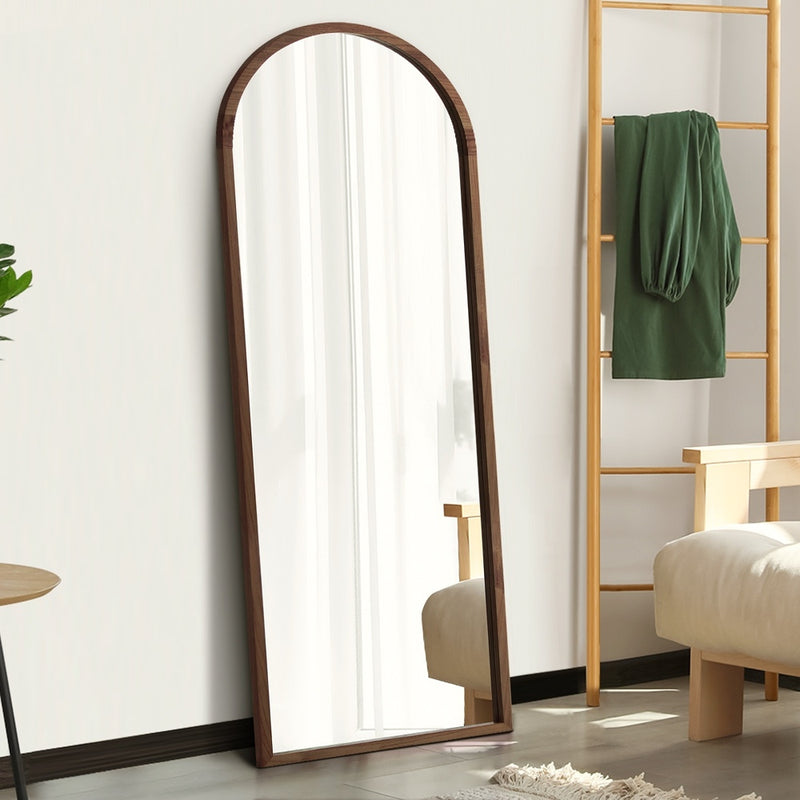 Oikiture Wooden Full Length Mirror 166x60cm Arched Floor Mirrors Brown