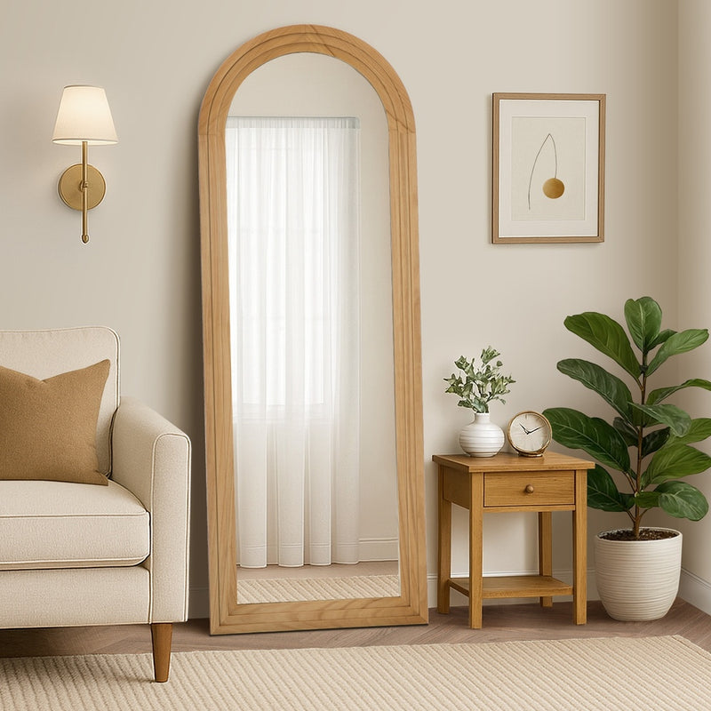 Oikiture Full Length Arch Mirror 165x60cm Natural Wood Wall Mounted